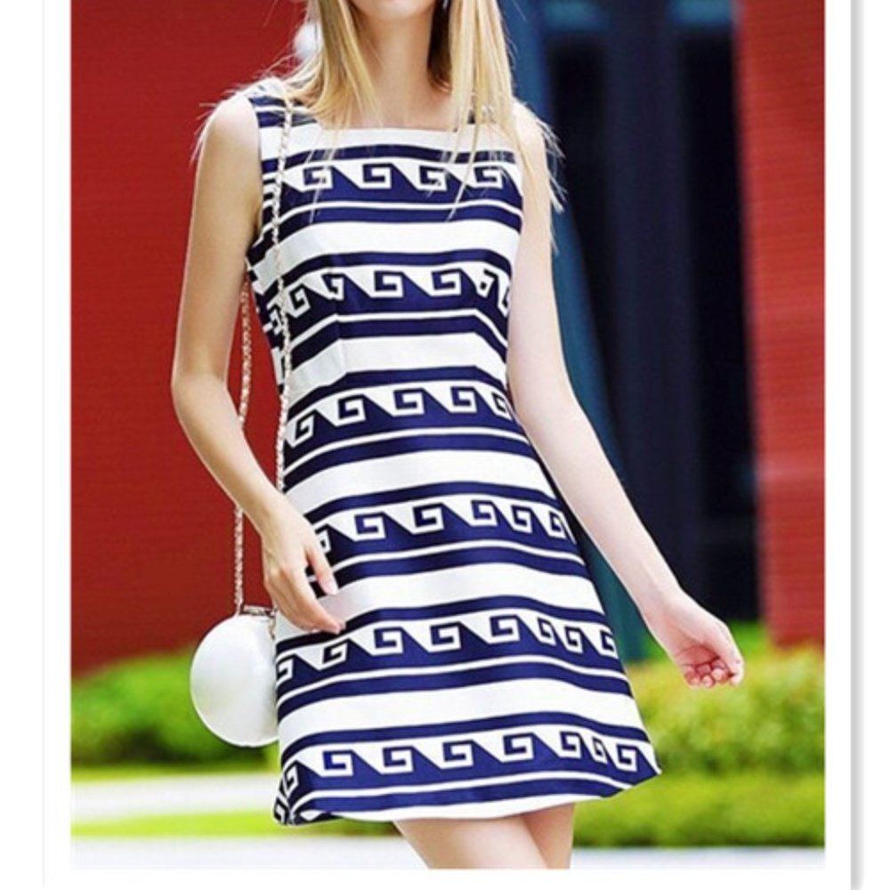 Blue Contrast White Boat Neck Sleeveless Print Dress
